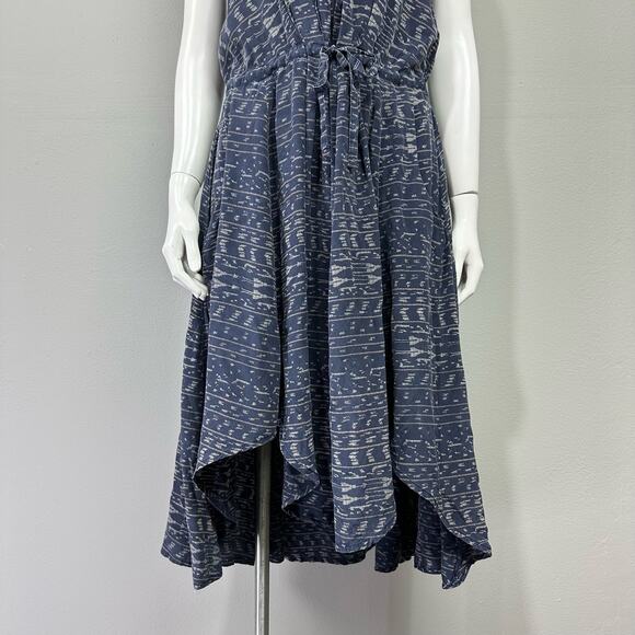 NSF Washed Silk Midi Dress Sz S Navy Blue Boho Printed Pockets Hi Low Scoop Neck - Picture 4 of 11